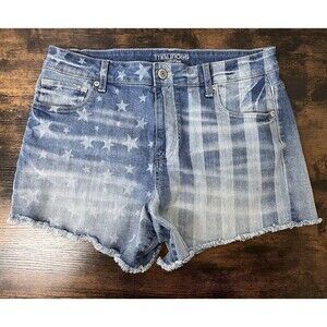 Maurices Stars Stripes Denim High Rise Raw Hem Blue Jean Shorts Womens 14